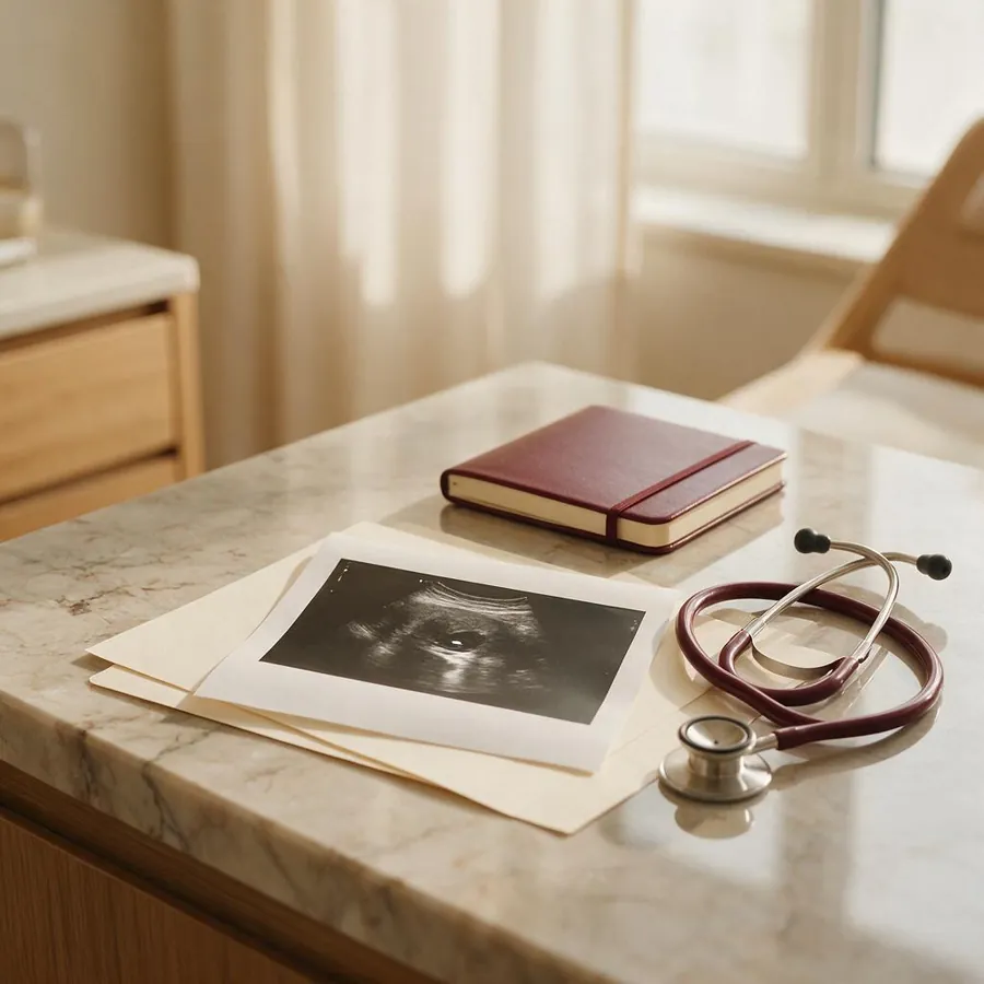Mesa de consultório com exame de ultrassonografia e estetoscópio